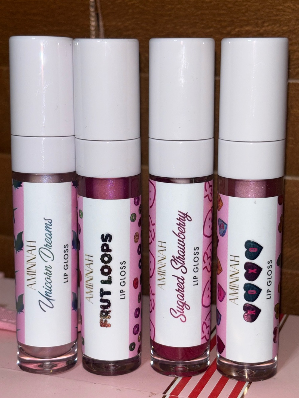 Aminnah Lip Gloss - Unicorn Dreams, Fruit Loops, Sugared Strawberry, XOXO